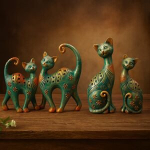 decorative cat figurine set, teal green and gold antique finish