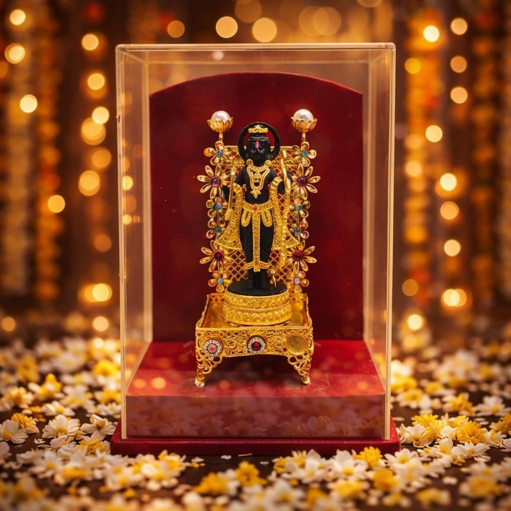 handcrafted lord rama idol, gold plated decorative miniature with acrylic display case