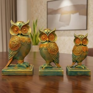 vintage owl figurines set, handcrafted decorative statues with antique gold and turquoise finish