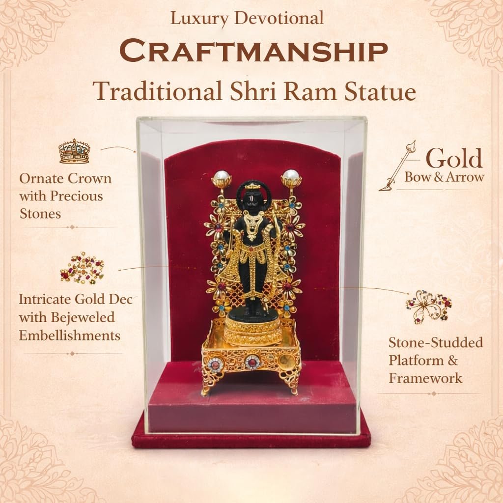 handcrafted lord rama idol, gold plated decorative miniature with acrylic display case handcrafted lord rama idol, gold plated decorative miniature with acrylic display case