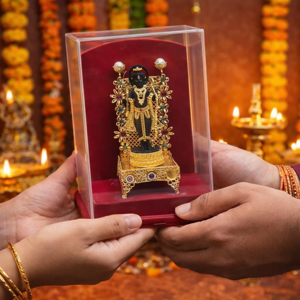 handcrafted lord rama idol, gold plated decorative miniature with acrylic display case handcrafted lord rama idol, gold plated decorative miniature with acrylic display case