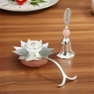 premium germal silver lotus diya with bell set for puja