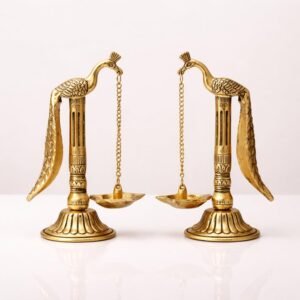 peacock design metal hanging diya pair with chain