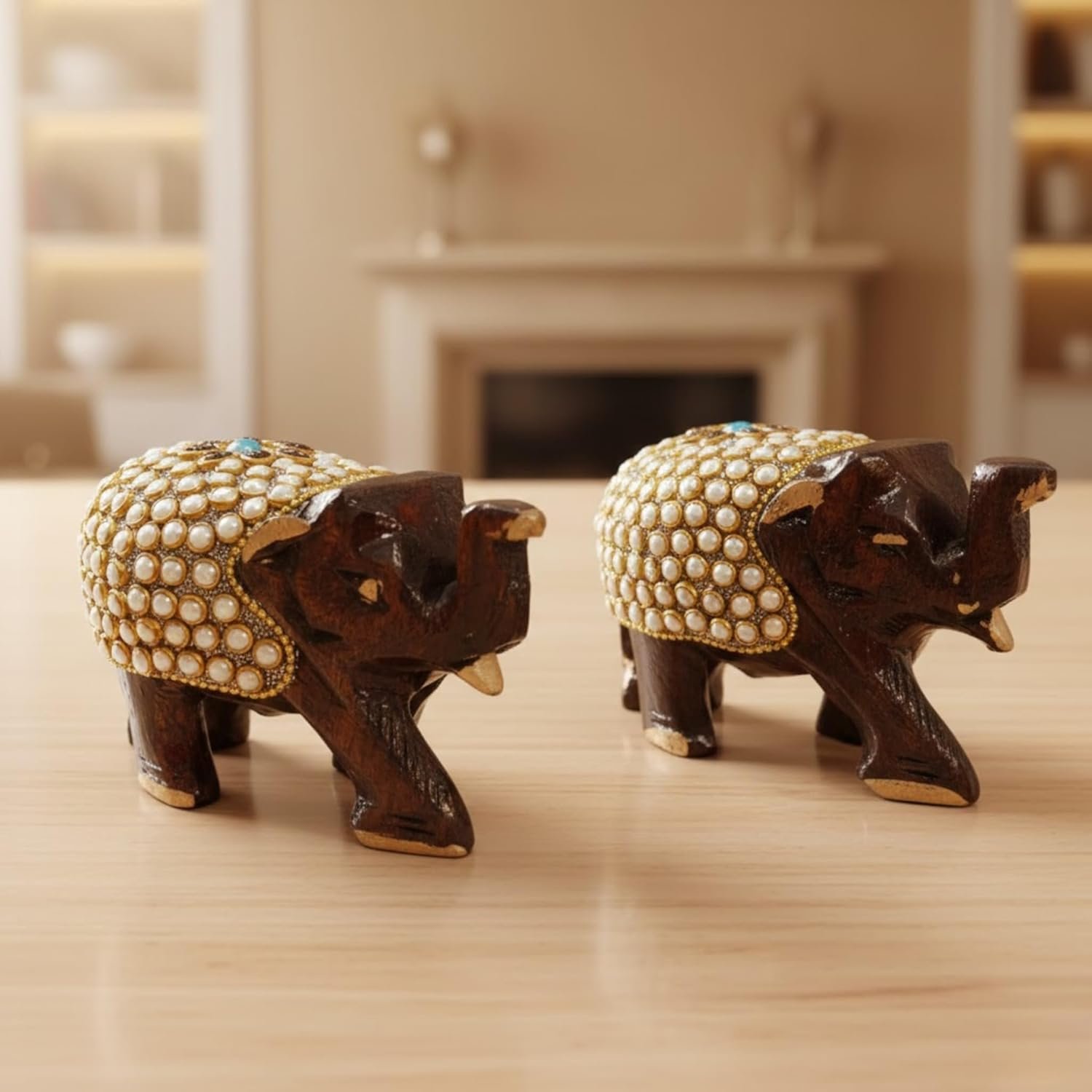 handcrafted wooden elephant figurines with kundan pearl work handcrafted wooden elephant figurines with kundan pearl work