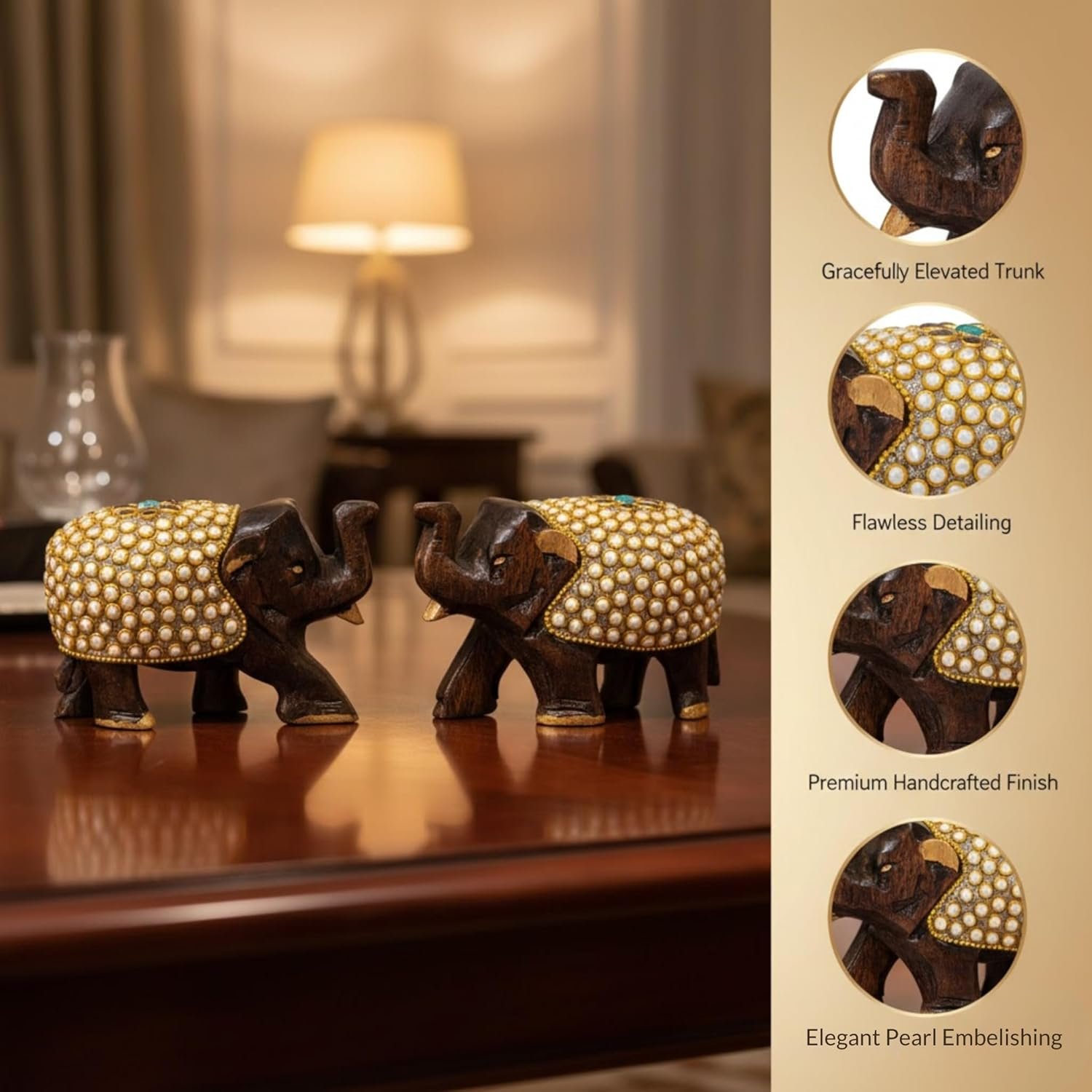 handcrafted wooden elephant figurines with kundan pearl work handcrafted wooden elephant figurines with kundan pearl work