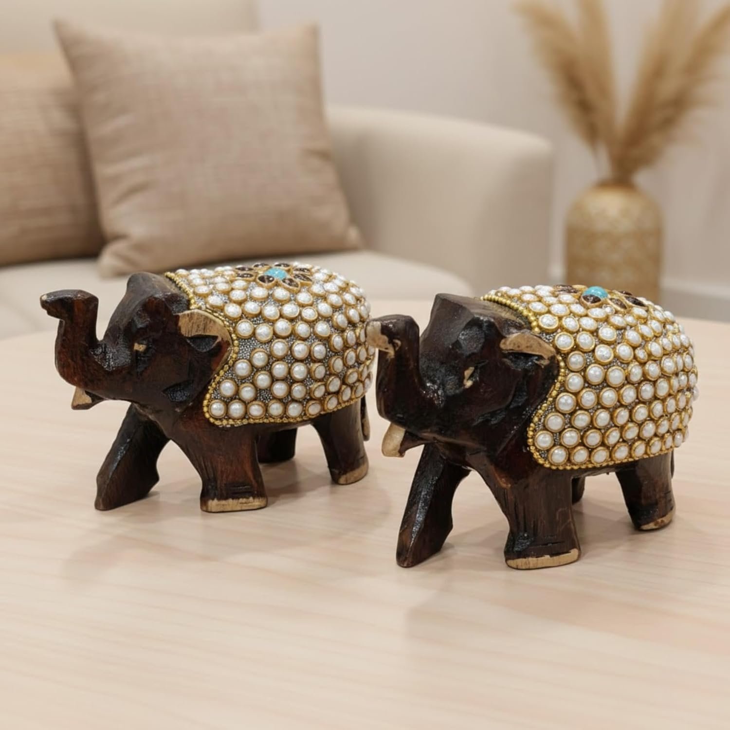 handcrafted wooden elephant figurines with kundan pearl work handcrafted wooden elephant figurines with kundan pearl work