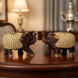 handcrafted wooden elephant figurines with kundan pearl work
