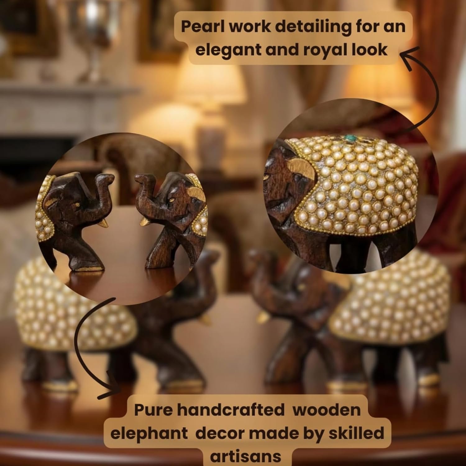 handcrafted wooden elephant figurines with kundan pearl work handcrafted wooden elephant figurines with kundan pearl work