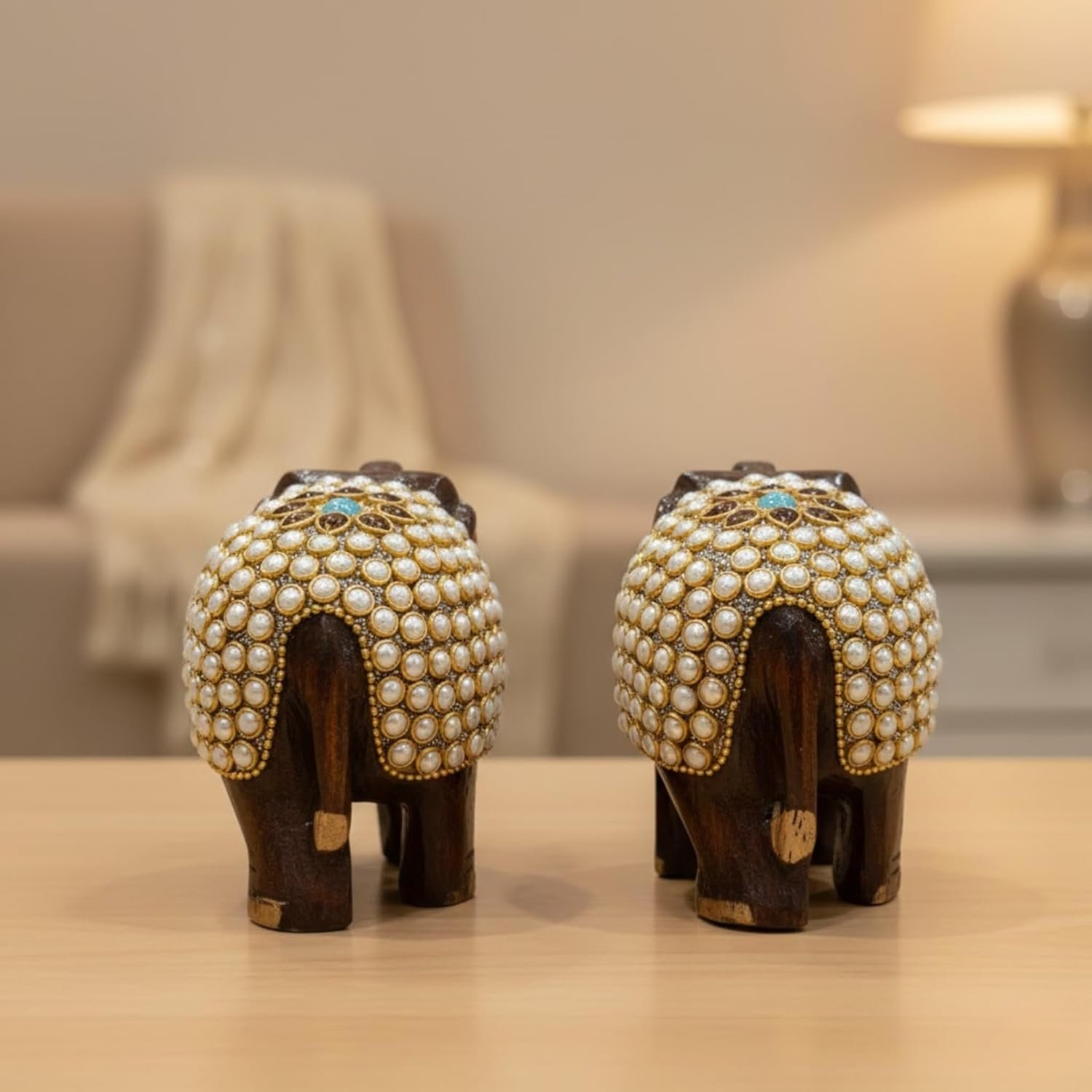 handcrafted wooden elephant figurines with kundan pearl work handcrafted wooden elephant figurines with kundan pearl work