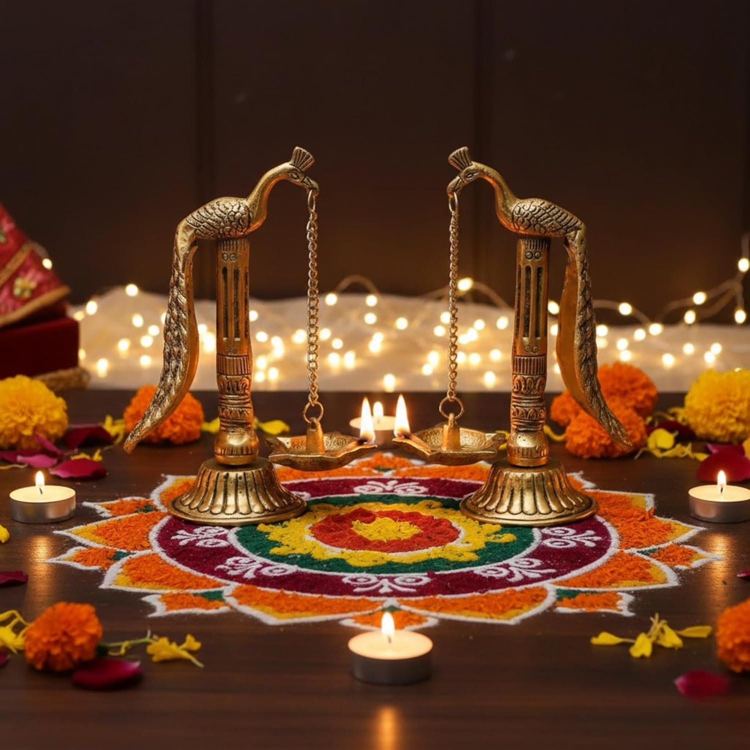 peacock design metal hanging diya pair with chain peacock design metal hanging diya pair with chain