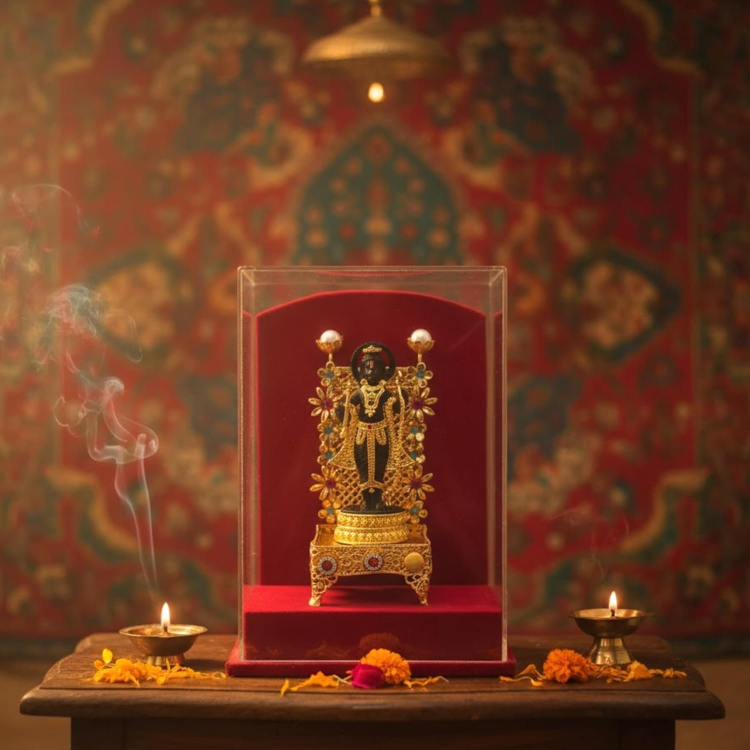 handcrafted lord rama idol, gold plated decorative miniature with acrylic display case handcrafted lord rama idol, gold plated decorative miniature with acrylic display case