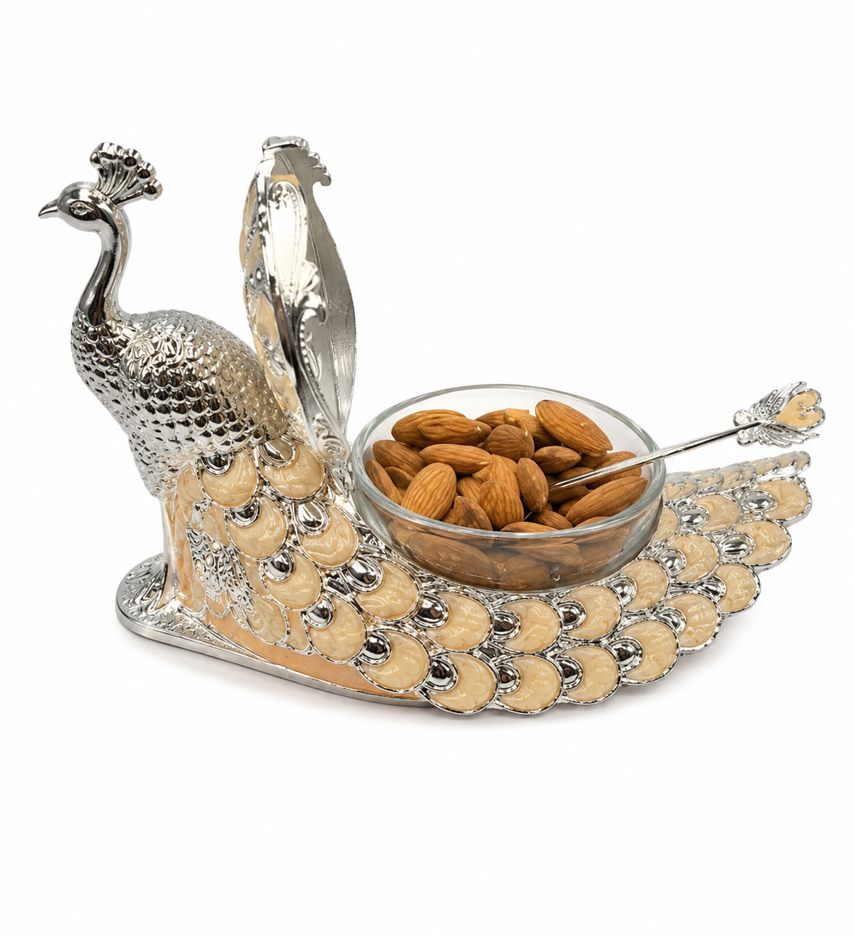 luxury peacock dry fruit serving bowl with lid | decorative metal candy box | premium silver & beige snack storage container for home, dining table & festive decor luxury peacock dry fruit serving bowl with lid | decorative metal candy box | premium silver & beige snack storage container for home, dining table & festive decor