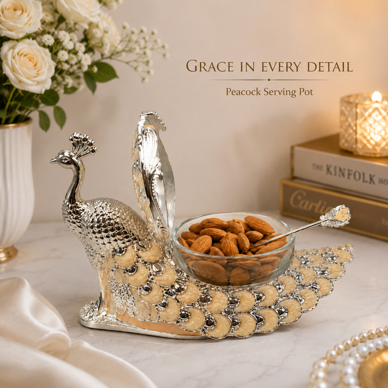 luxury peacock dry fruit serving bowl with lid | decorative metal candy box | premium silver & beige snack storage container for home, dining table & festive decor luxury peacock dry fruit serving bowl with lid | decorative metal candy box | premium silver & beige snack storage container for home, dining table & festive decor