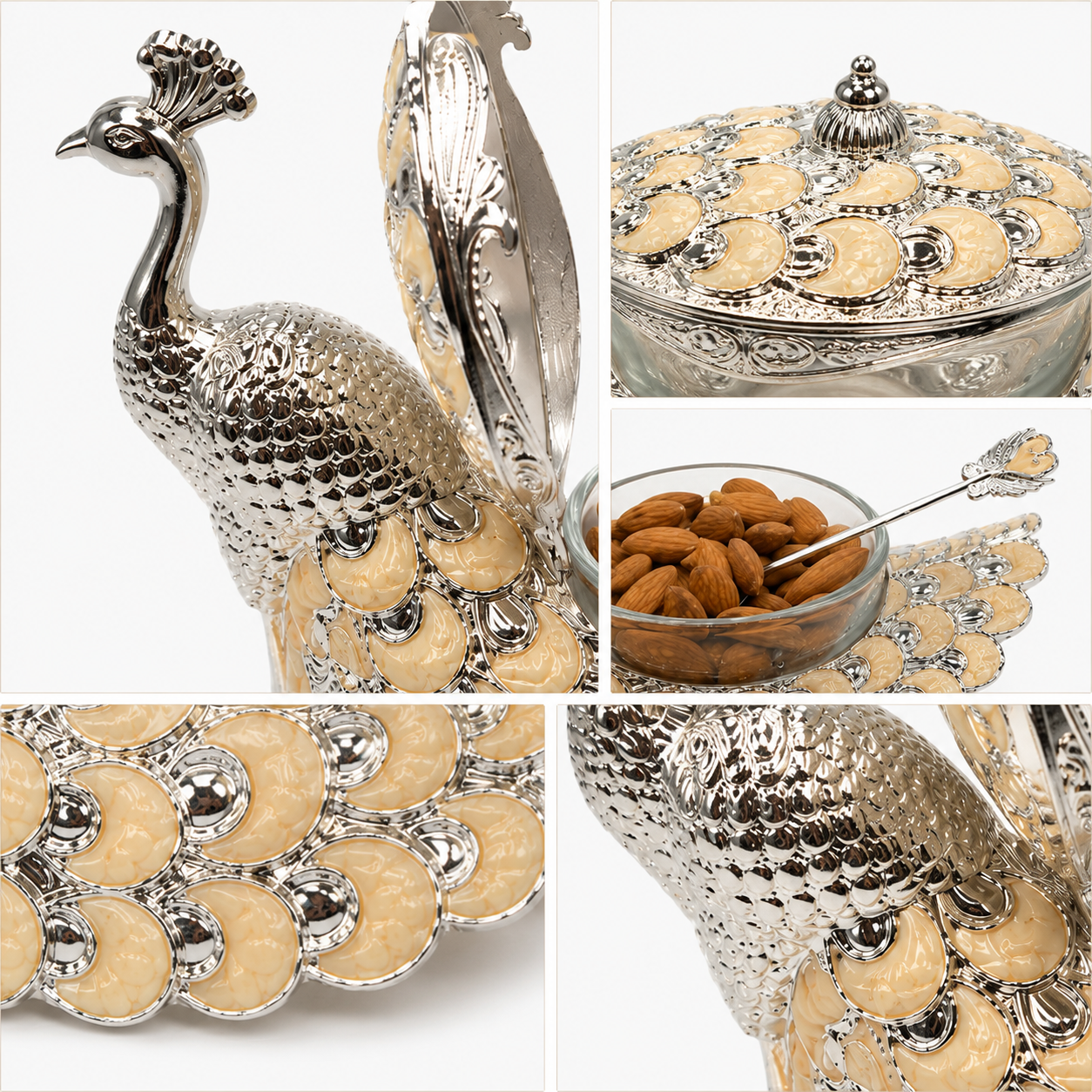 luxury peacock dry fruit serving bowl with lid | decorative metal candy box | premium silver & beige snack storage container for home, dining table & festive decor luxury peacock dry fruit serving bowl with lid | decorative metal candy box | premium silver & beige snack storage container for home, dining table & festive decor