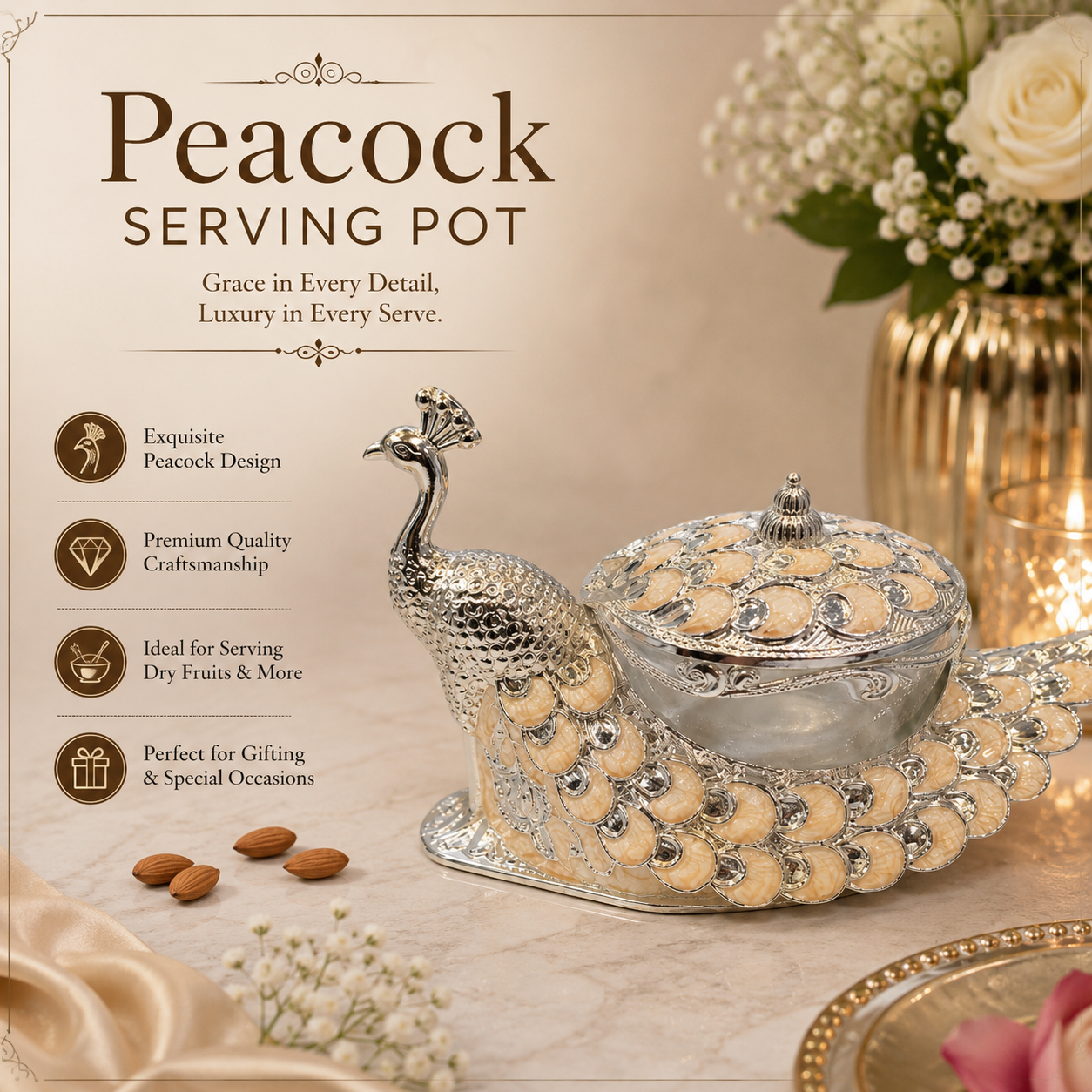 luxury peacock dry fruit serving bowl with lid | decorative metal candy box | premium silver & beige snack storage container for home, dining table & festive decor luxury peacock dry fruit serving bowl with lid | decorative metal candy box | premium silver & beige snack storage container for home, dining table & festive decor